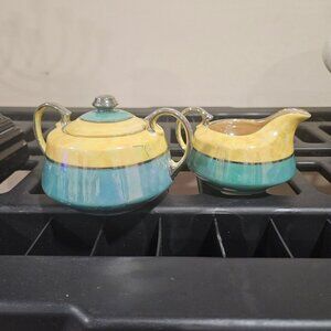 Vintage lusterware Creamer Sugar Bowl Set Yellow teal blue green Made In Japan